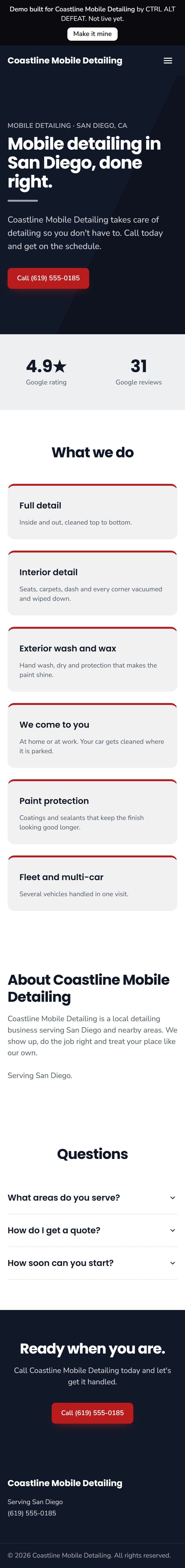 The whole sample site for Coastline Mobile Detailing, a made-up business, on a phone