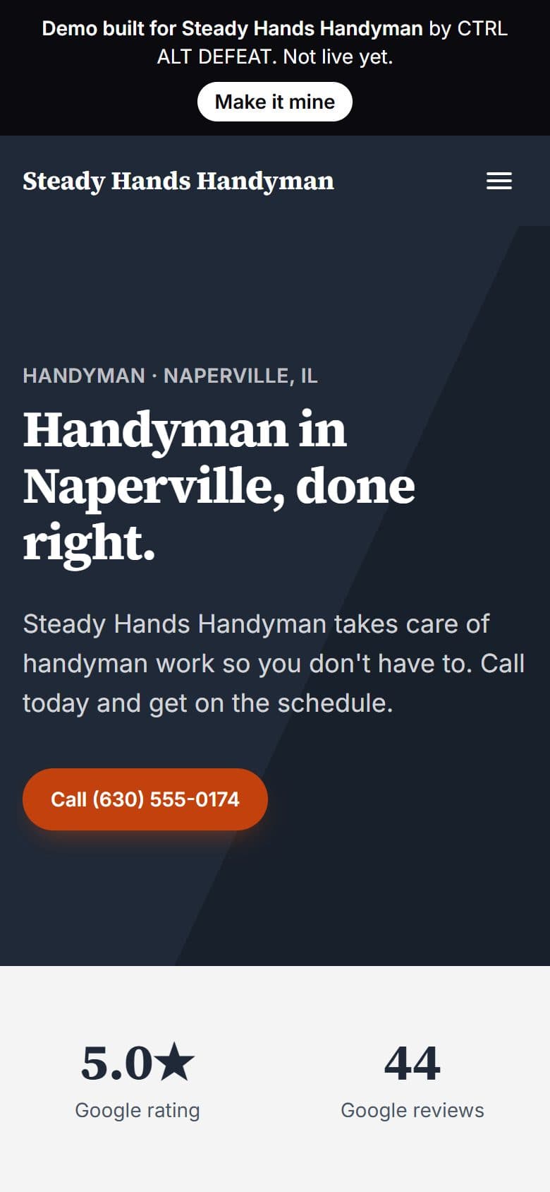 Sample site for Steady Hands Handyman, a made-up handyman business